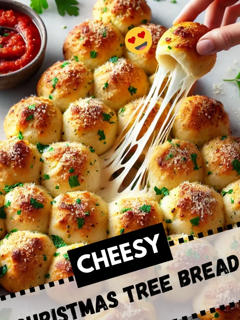 Festive Cheesy Christmas Tree Bread served with warm pizza sauce.