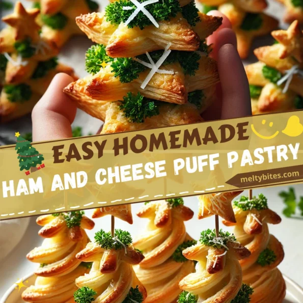 Festive Ham and Cheese Puff Pastry Christmas Trees brushed with garlic butter.