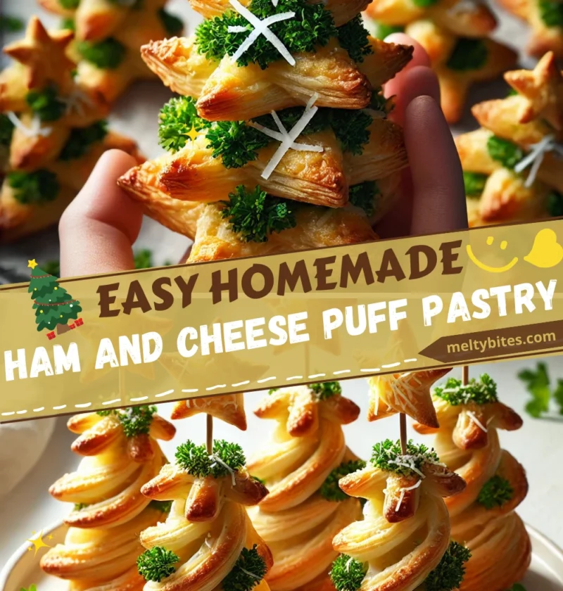 Festive Ham and Cheese Puff Pastry Christmas Trees brushed with garlic butter.