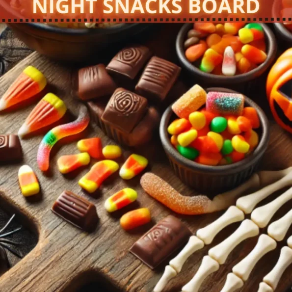 Halloween Movie Night Snack Board with assorted Halloween candies and popcorn.