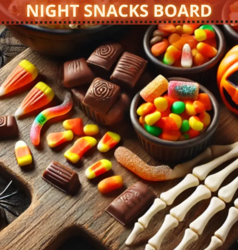 Halloween Movie Night Snack Board with assorted Halloween candies and popcorn.