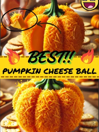 Festive Pumpkin Cheese Ball decorated with pecans and topped with a bell pepper stem.