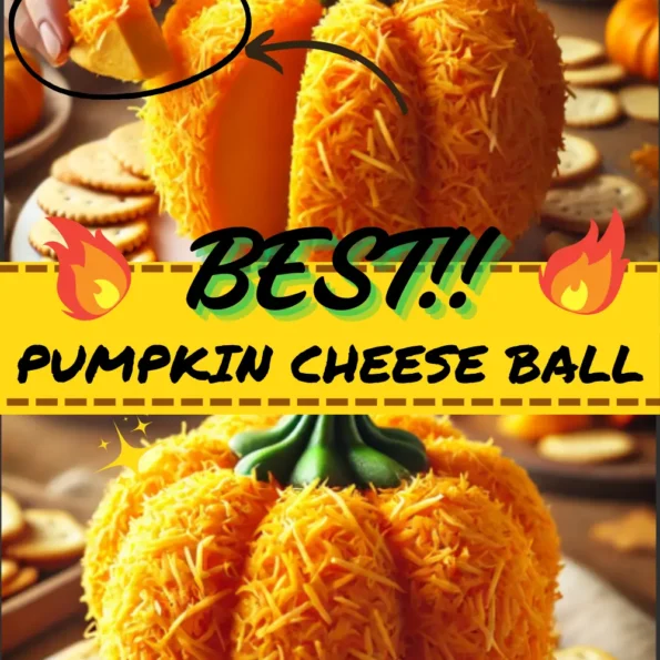 Festive Pumpkin Cheese Ball decorated with pecans and topped with a bell pepper stem.