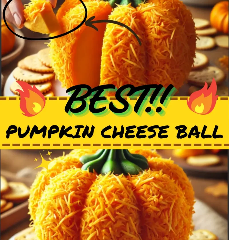 Festive Pumpkin Cheese Ball decorated with pecans and topped with a bell pepper stem.