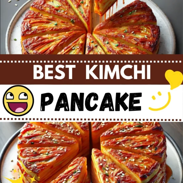 Crispy Kimchi Pancake cut into slices with soy sauce for dipping.