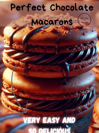 A plate of Chocolate Macarons with crisp shells, filled with rich chocolate ganache, and garnished with cocoa powder.