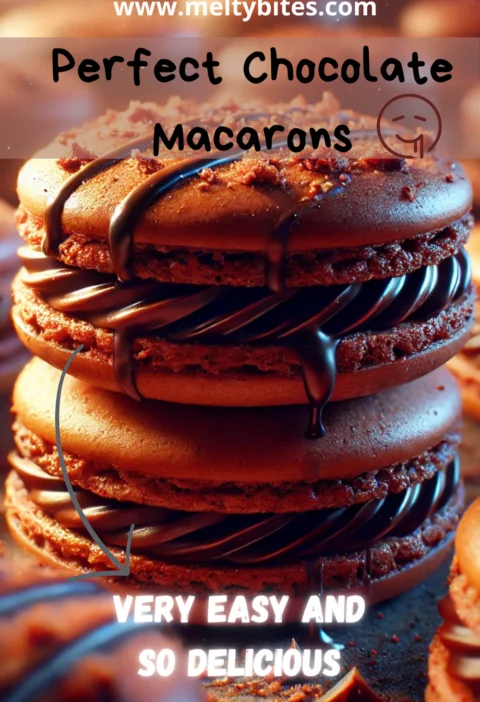 A plate of Chocolate Macarons with crisp shells, filled with rich chocolate ganache, and garnished with cocoa powder.