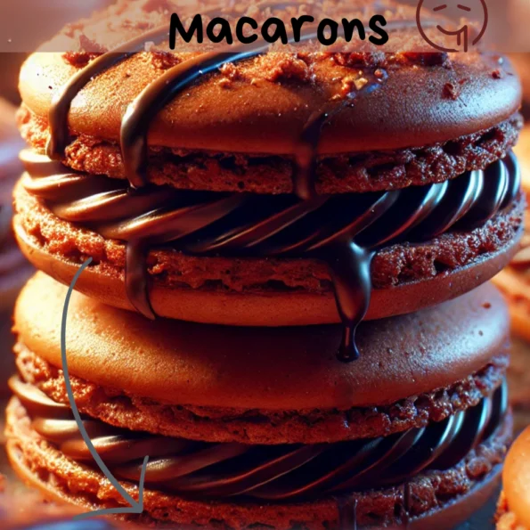 A plate of Chocolate Macarons with crisp shells, filled with rich chocolate ganache, and garnished with cocoa powder.