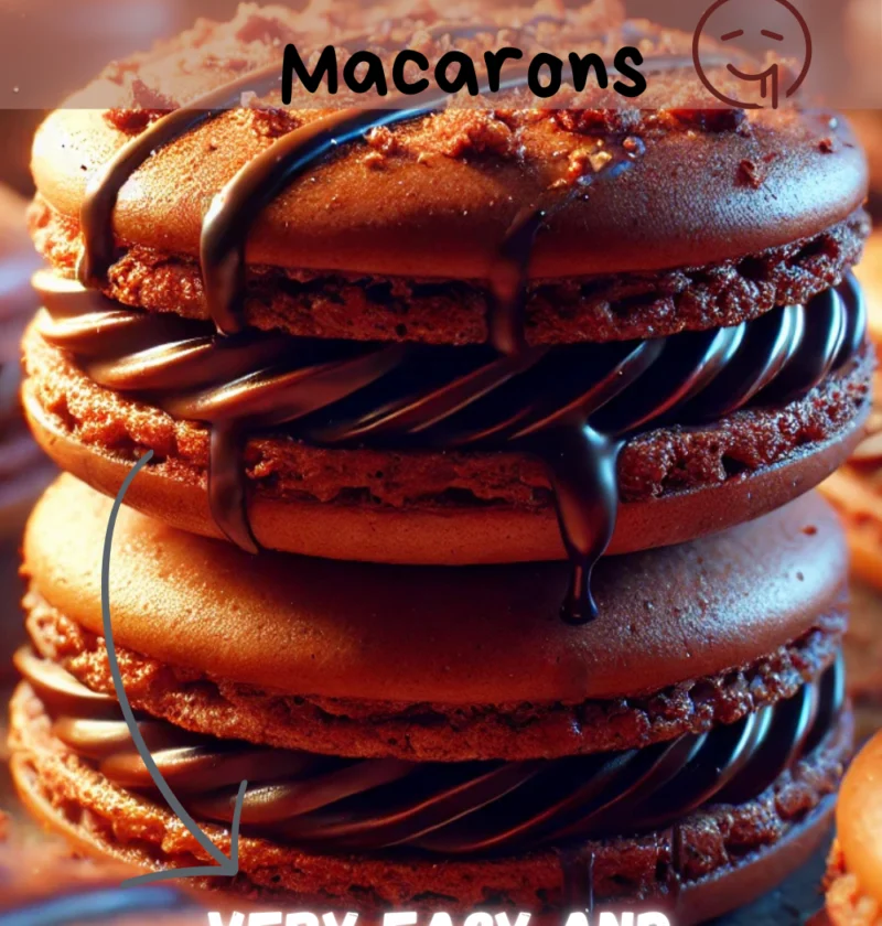 A plate of Chocolate Macarons with crisp shells, filled with rich chocolate ganache, and garnished with cocoa powder.