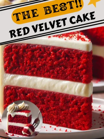 A slice of Red Velvet Cake with rich cream cheese frosting, garnished with red velvet crumbs, served on a white plate.