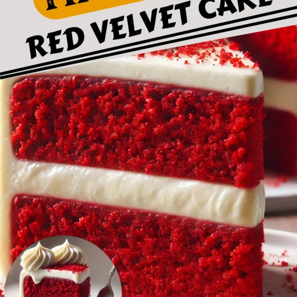 A slice of Red Velvet Cake with rich cream cheese frosting, garnished with red velvet crumbs, served on a white plate.