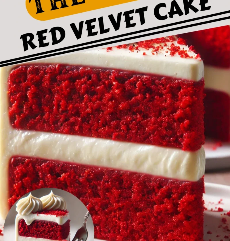 A slice of Red Velvet Cake with rich cream cheese frosting, garnished with red velvet crumbs, served on a white plate.