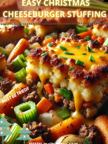 Cheeseburger Stuffing baked to golden perfection in a casserole dish.