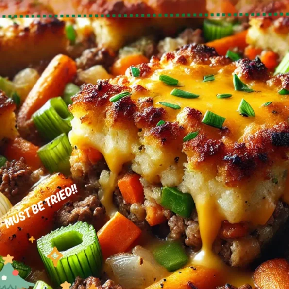 Cheeseburger Stuffing baked to golden perfection in a casserole dish.