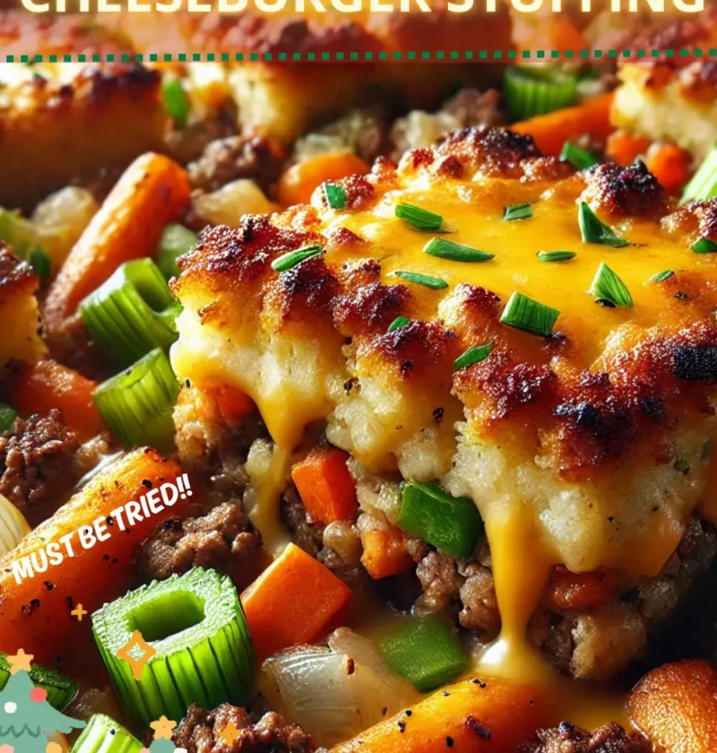 Cheeseburger Stuffing baked to golden perfection in a casserole dish.