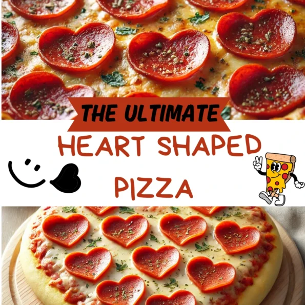 Heart-shaped pizza topped with melted cheese, pepperoni, and fresh basil, served on a rustic wooden board.