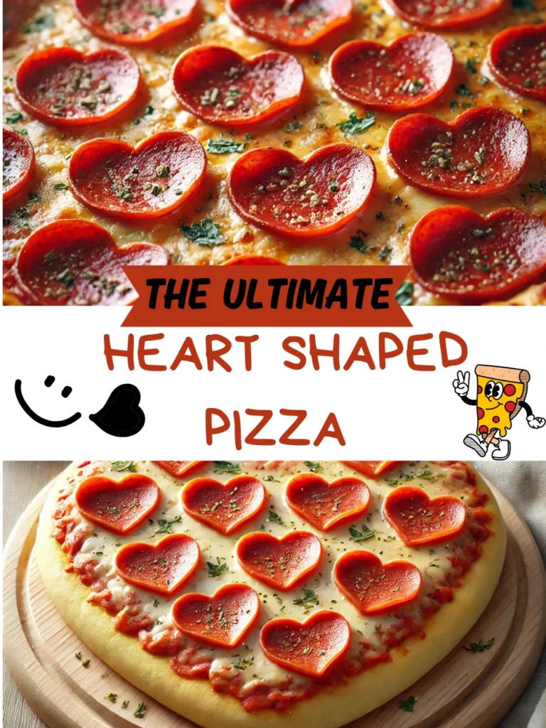 Heart-shaped pizza topped with melted cheese, pepperoni, and fresh basil, served on a rustic wooden board.