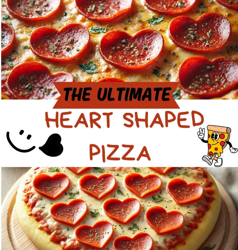 Heart-shaped pizza topped with melted cheese, pepperoni, and fresh basil, served on a rustic wooden board.